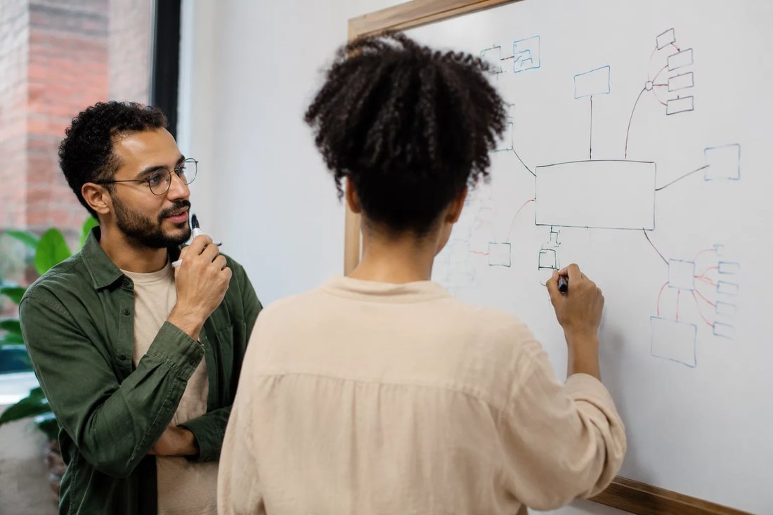 Duas pessoas diante de um quadro branco com um argumento desenhado à mão