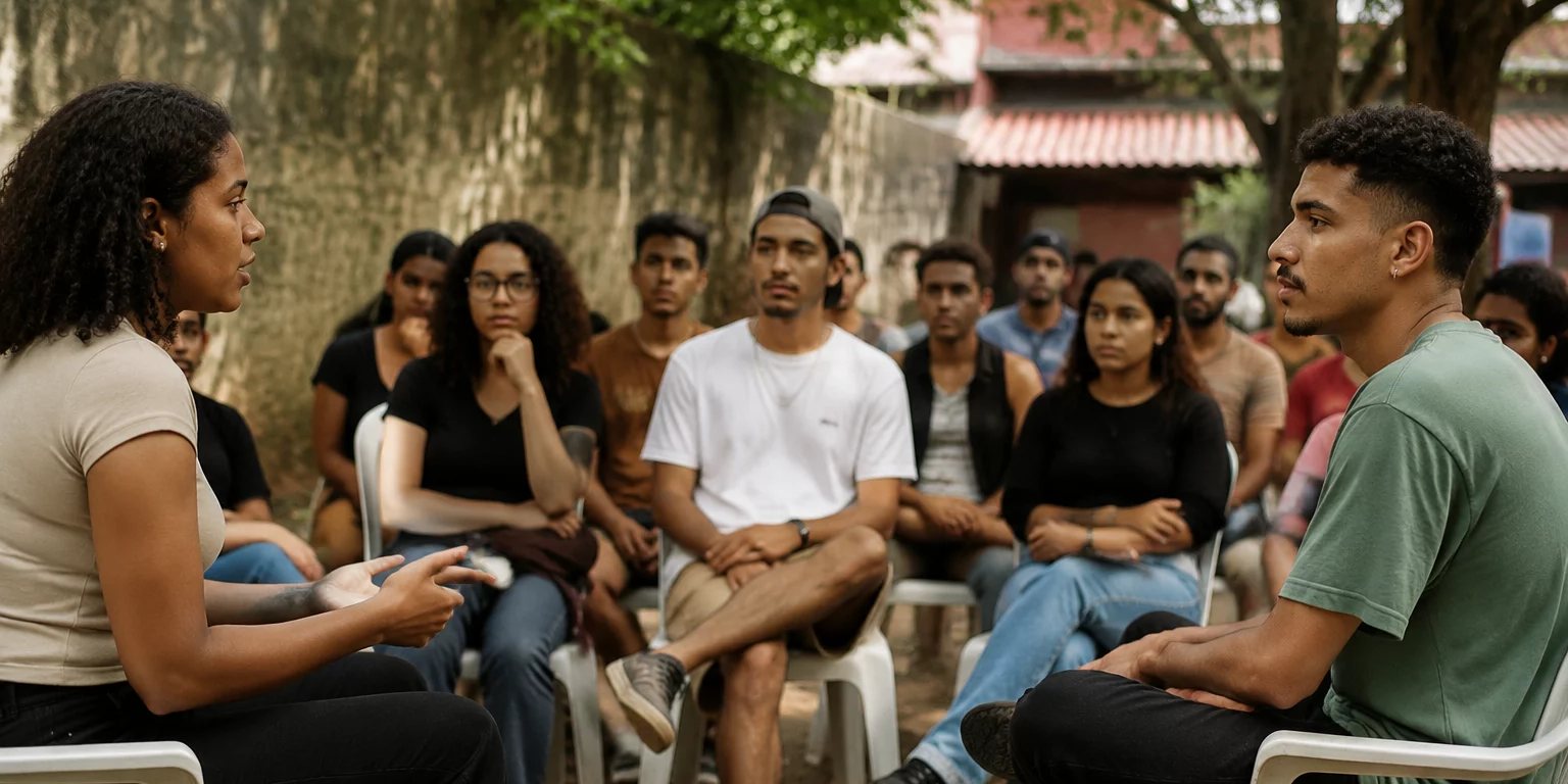 Duas pessoas conversando de pé entre as estantes de uma biblioteca